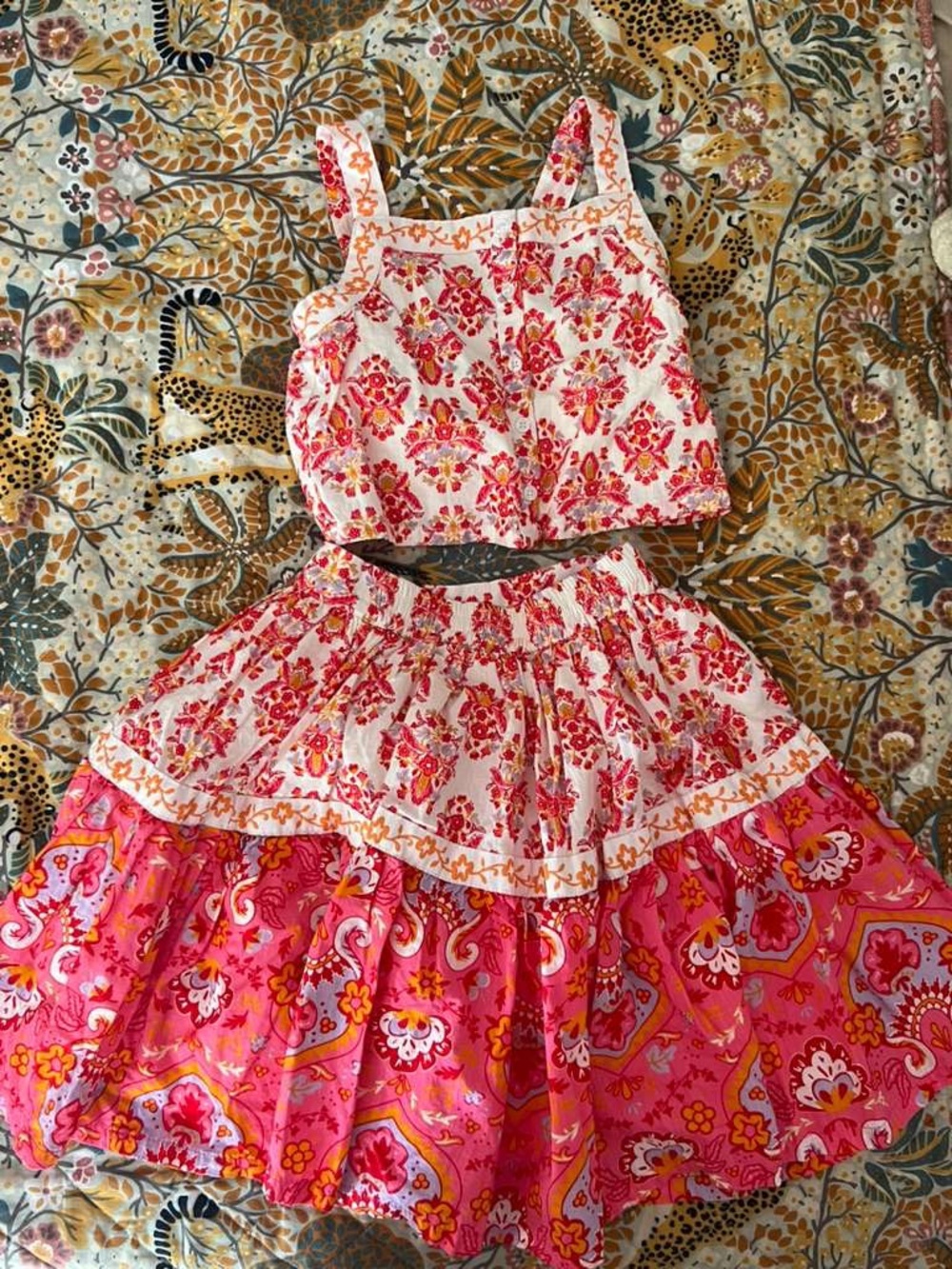 Haute Hippie 2-Piece Cotton Tiered Maxi Skirt & Button-Front Tank Set Pink 5/6